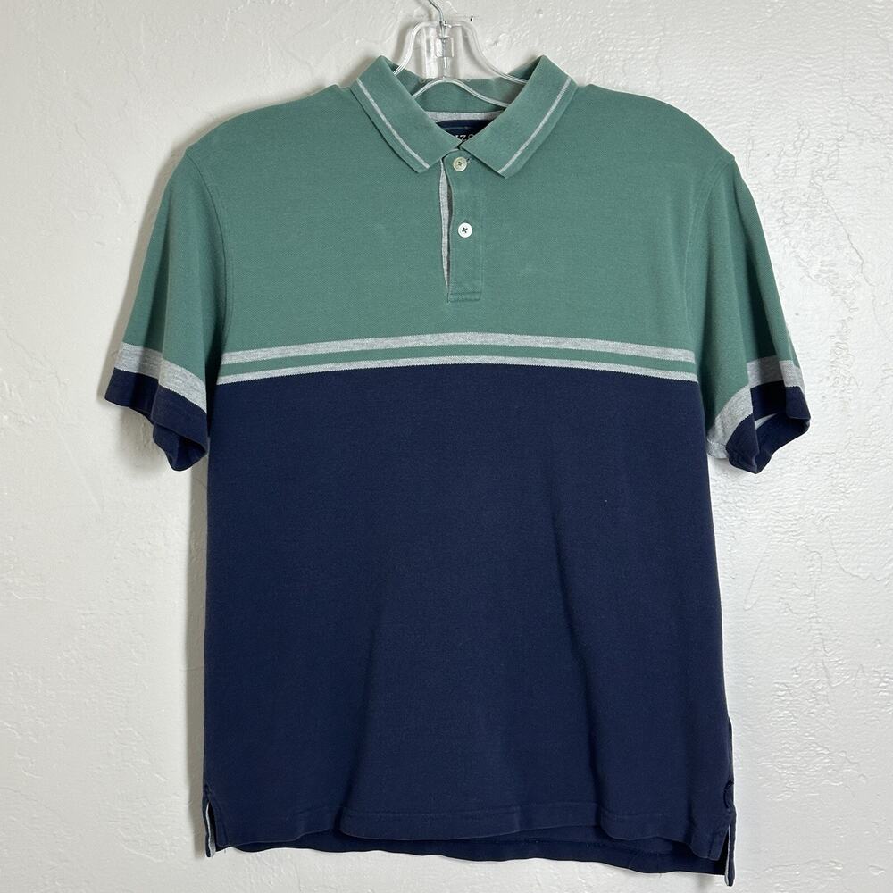 Izod Polo Shirt Mens M Blue Green White Striped Cotton Short Sleeve Pullover